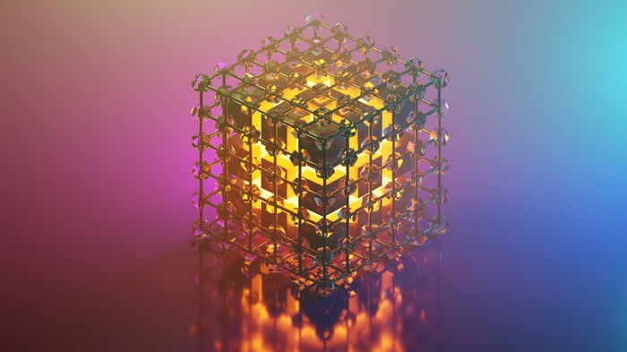 Glowing cube structure with glass grid