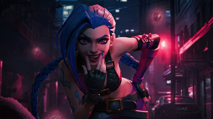 Jinx from Arcane in a dark city alley