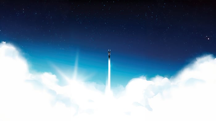 Radiant Black rocket launching through clouds at night