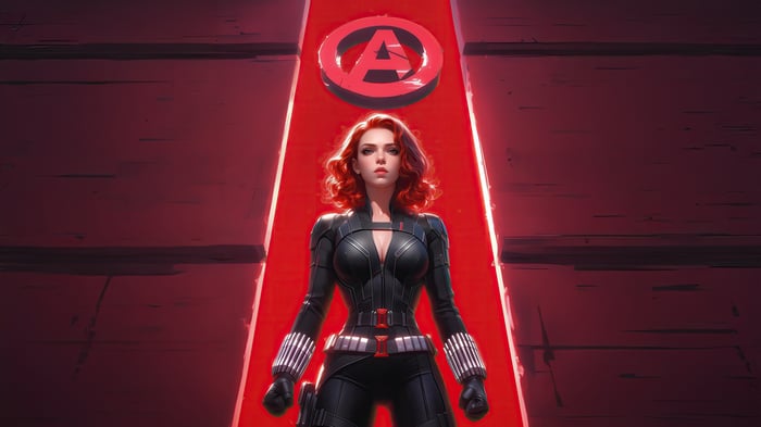 Black Widow stands before the Avengers logo