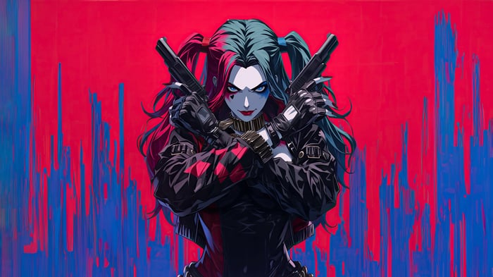 Harley Quinn with Guns on Red and Blue Background