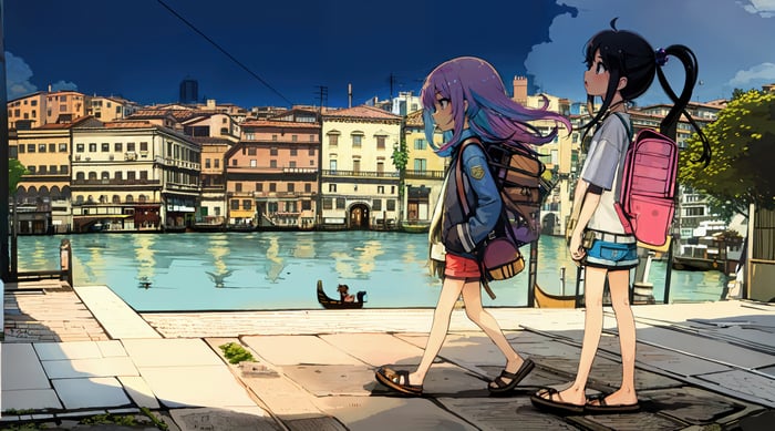 Anime Girls Walking in Venice