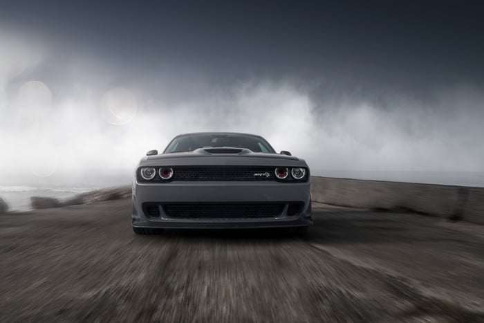 Dodge Challenger SRT Hellcat on a foggy road