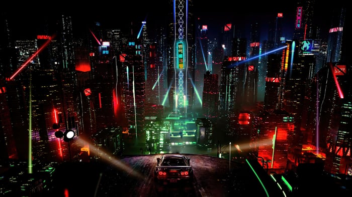 Cyberpunk Cityscape with Car