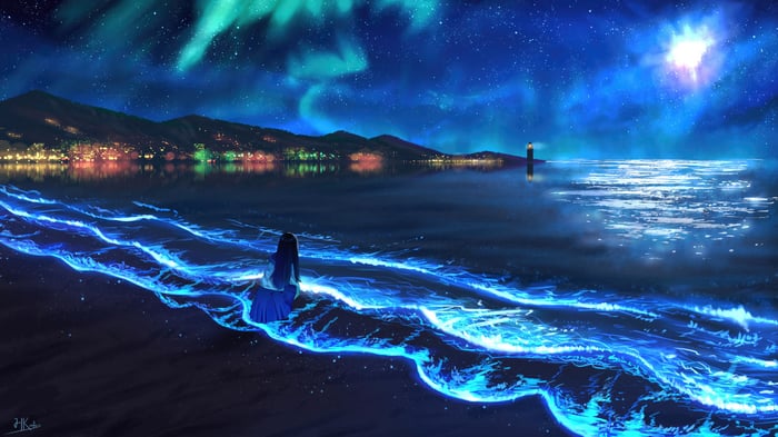 Anime girl by bioluminescent ocean waves under aurora