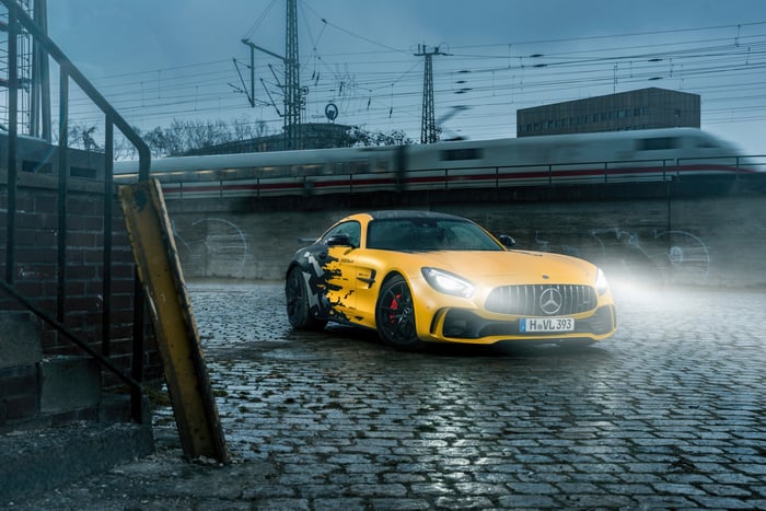 Yellow Mercedes-Benz AMG GT R with custom graphics