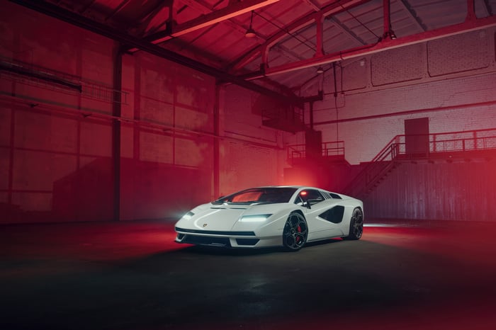 White Lamborghini Countach LPI 800-4 in a warehouse