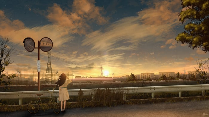 Anime girl with bicycle watching sunset over city