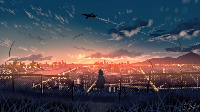 Anime Girl Watching Cityscape at Sunset