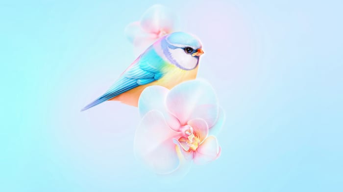 A blue bird with colorful feathers sits on orchids