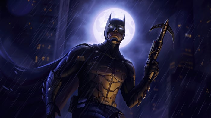 Batman holding a grappling gun in the rain