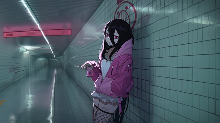 Girl smoking in a subway tunnel
