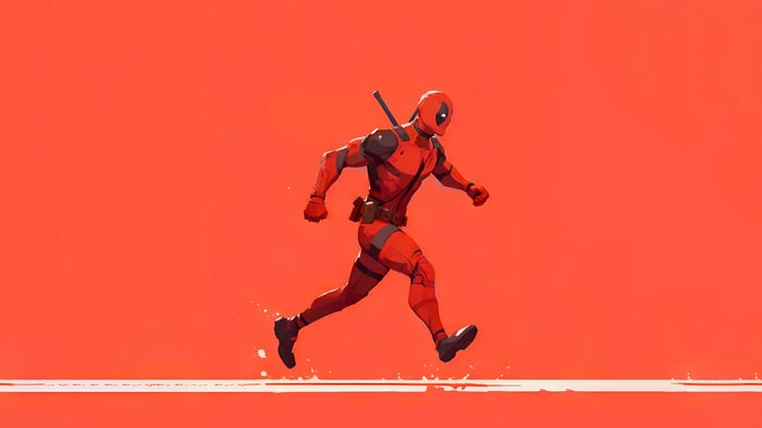 Deadpool running on a white line