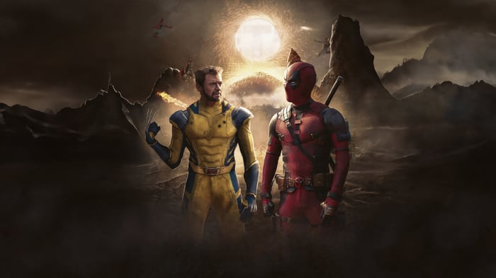 Deadpool and Wolverine in a desolate landscape