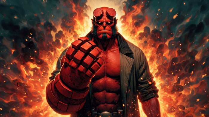 Hellboy in front of a fiery background