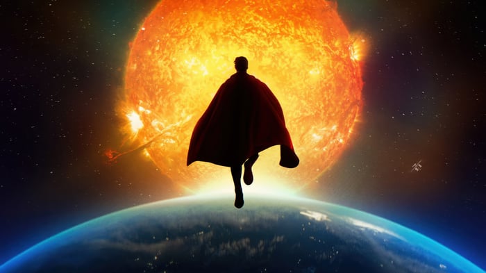 Superman flying in front of the Sun and Earth