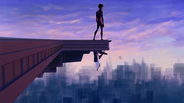 Miles and Gwen on a rooftop overlooking a city