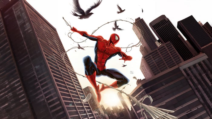 Spider-Man swinging through a city with birds