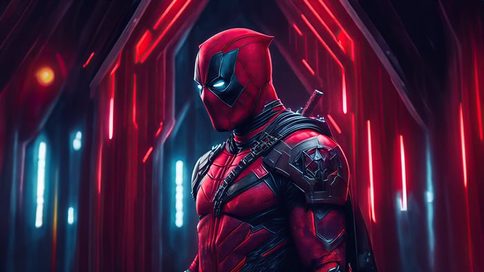 Deadpool in a futuristic red and blue environment