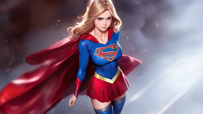 Supergirl in her iconic costume flying