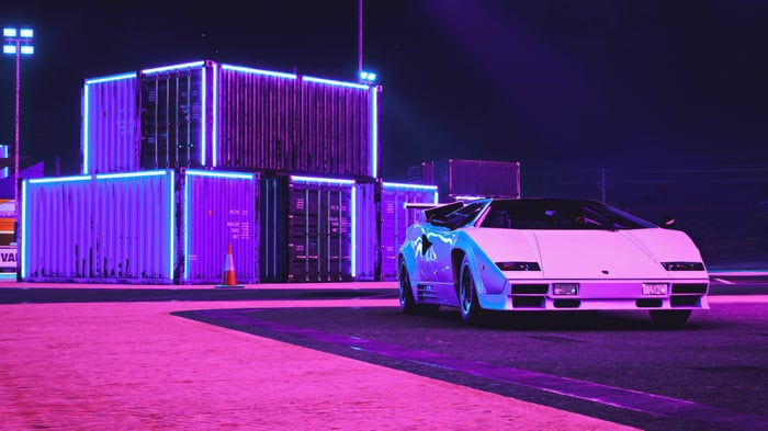 Lamborghini Countach in a neon-lit industrial area