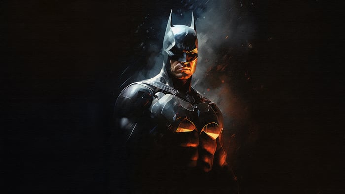 Batman in a dark, fiery environment