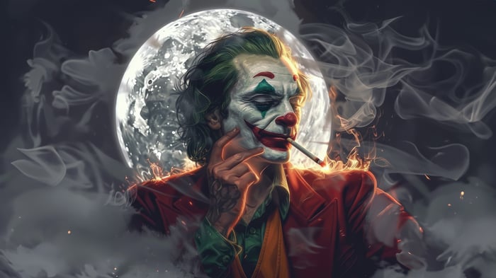 Joker smoking a cigarette in front of the moon