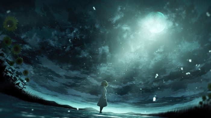 Girl standing under a full moon at night