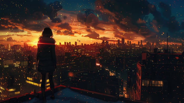 Anime Girl Overlooking Cityscape at Sunset