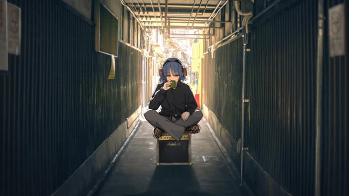 Hitori Gotoh drinking from a cup in an alley
