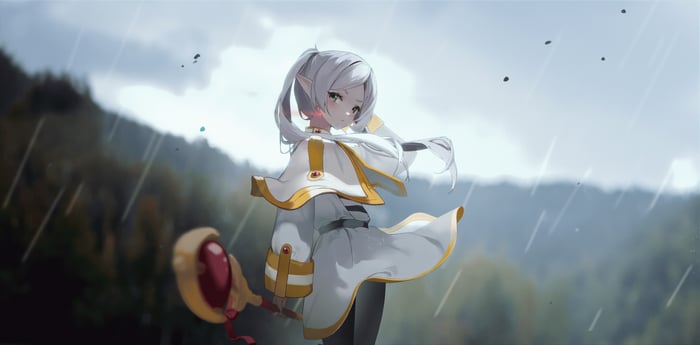 Frieren in the Rain Holding a Staff