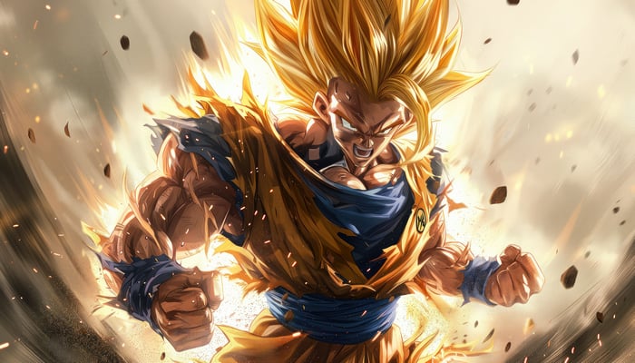 Goku in Super Saiyan form with torn gi