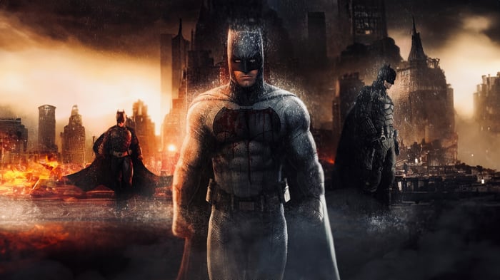 Batman in a Destroyed Cityscape