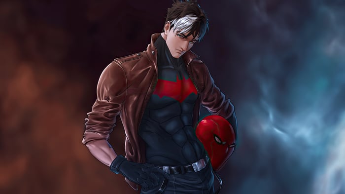 Red Hood holding his helmet