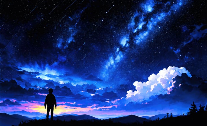 A lone figure gazes at a starry night sky