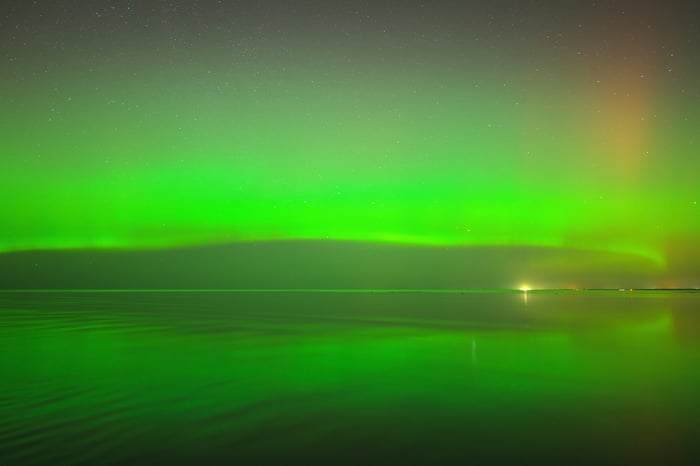 Aurora Borealis over a calm body of water