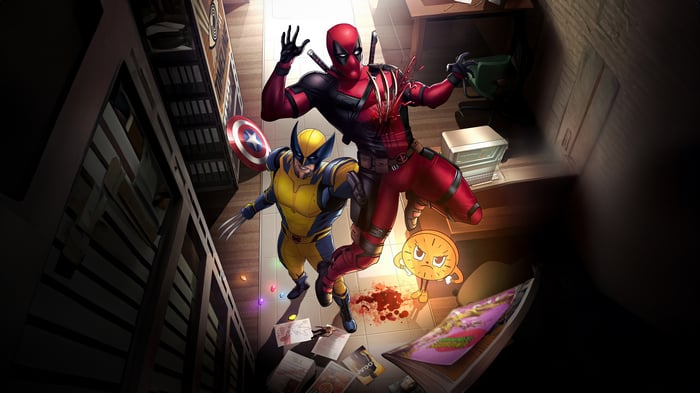 Deadpool and Wolverine in a Library