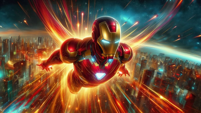 Iron Man Flying Over Cityscape with Energy Trails
