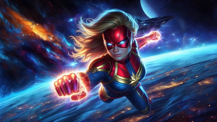 Captain Marvel flying in space over a planet