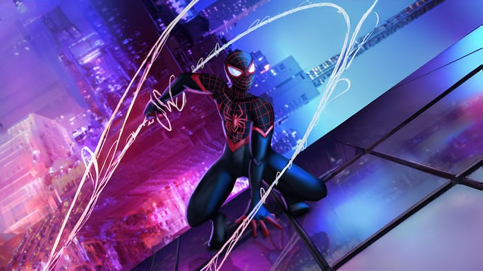 Miles Morales swinging through a neon city