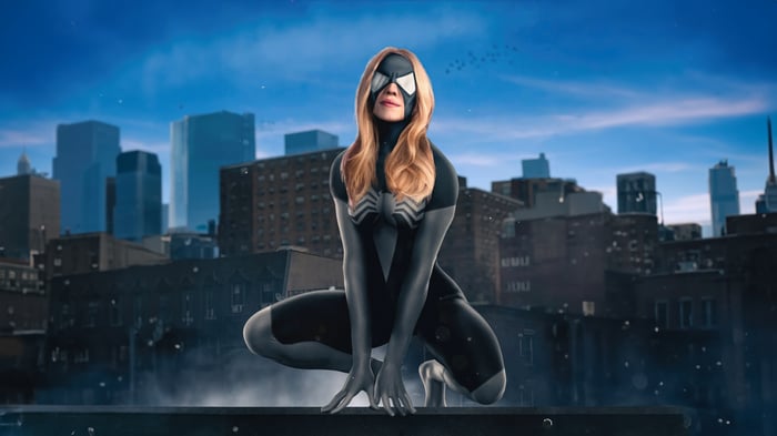 Madame Web Crouching on a Rooftop