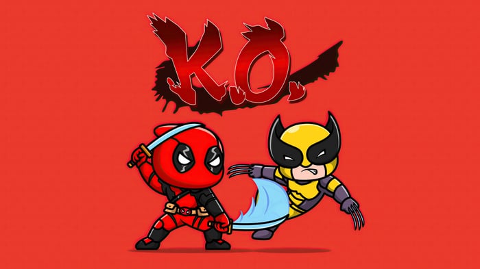 Deadpool and Wolverine fighting with swords