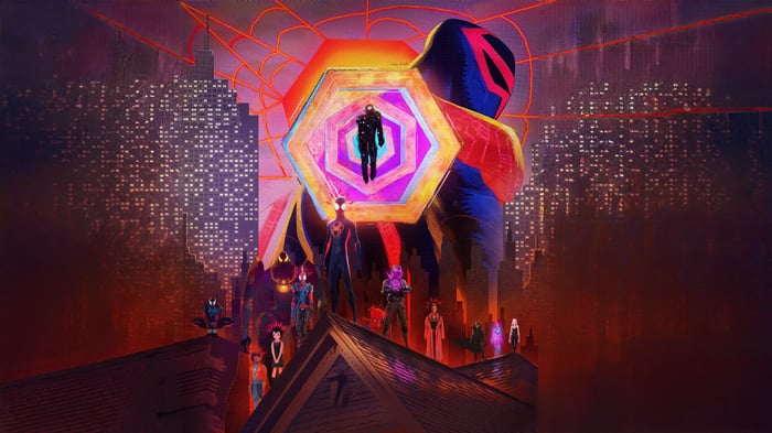 Spider-Man: Across the Spider-Verse characters on rooftops