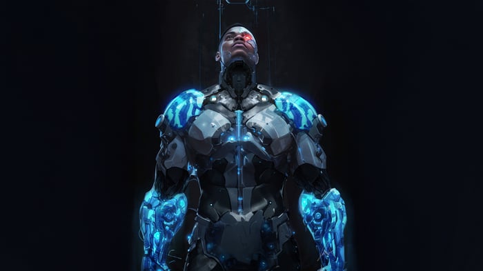 Cyborg standing with glowing blue cybernetics