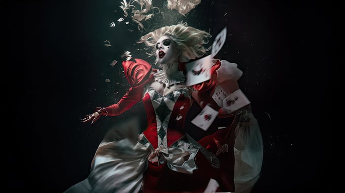 Harley Quinn in a red and white jester costume underwater