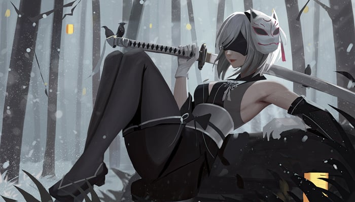 2B in a forest with a fox mask and sword