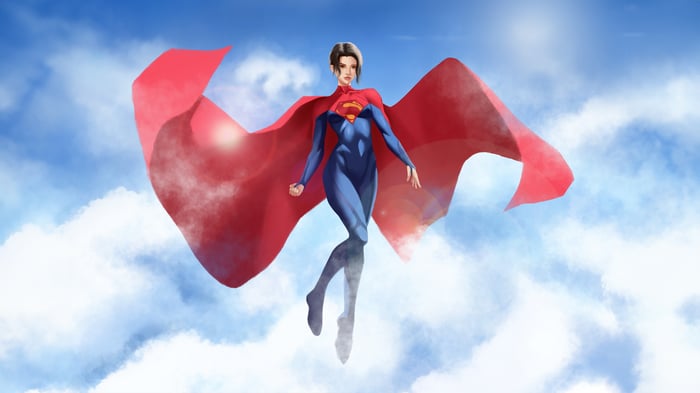 Supergirl flying in the sky with a red cape