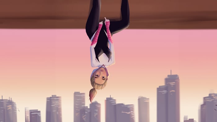 Gwen Stacy hanging upside down over a city skyline
