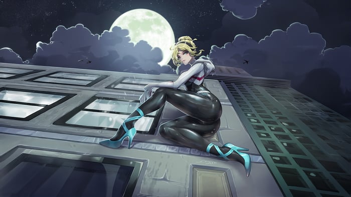 Gwen Stacy in Spider-Gwen costume on a rooftop at night