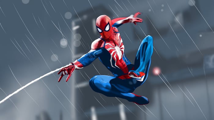 Spider-Man swinging through the rain